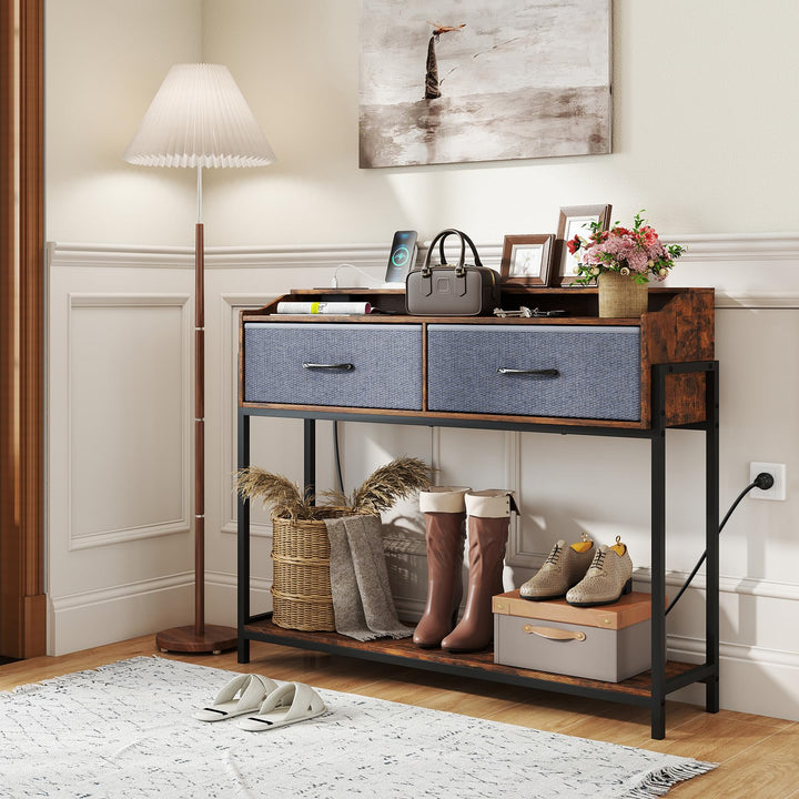 GIANTEX 43" Narrow Console Table with Charging Station &amp; 2 Drawers