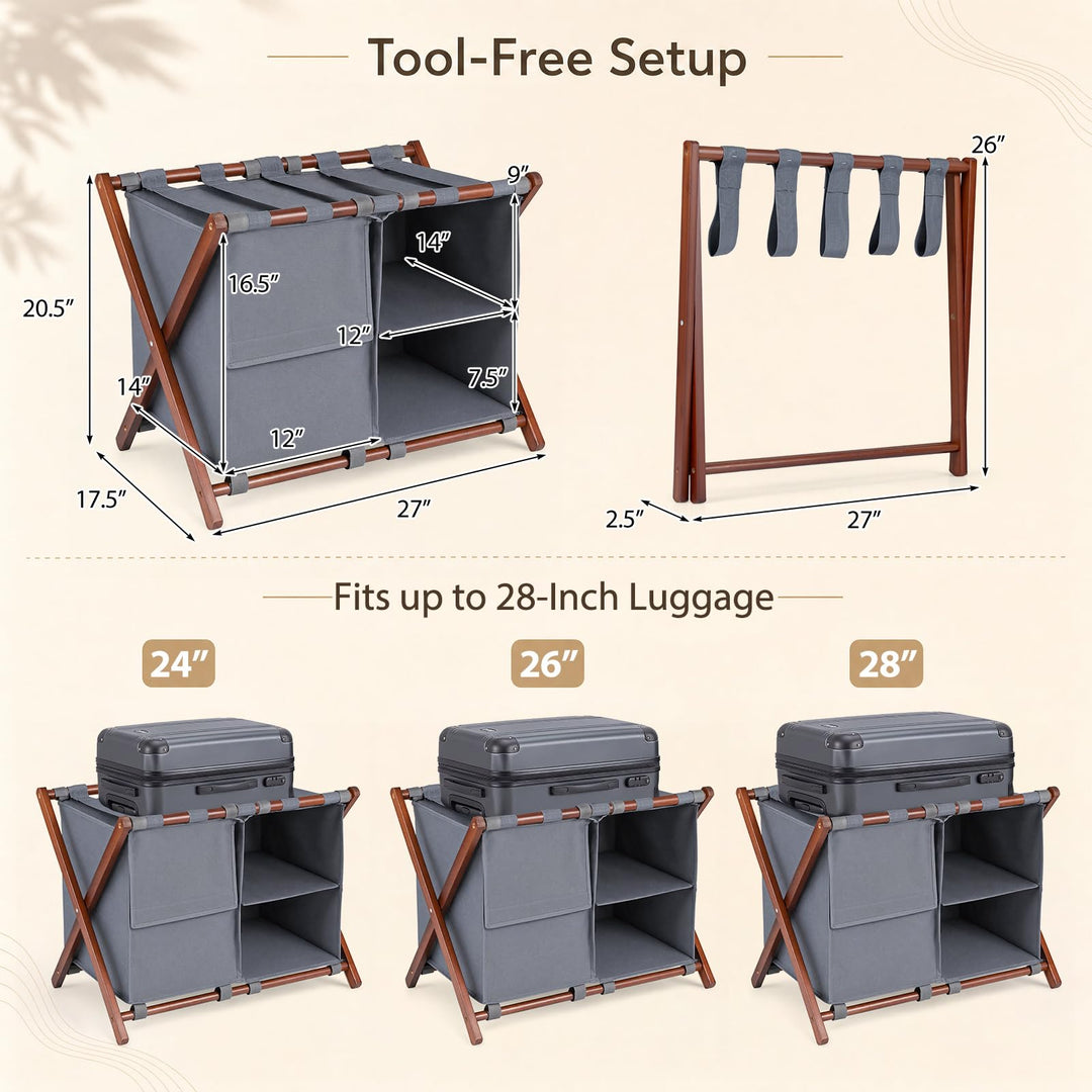 GIANTEX 27" Bamboo Luggage Rack with 3 Storage Compartments (1/2)