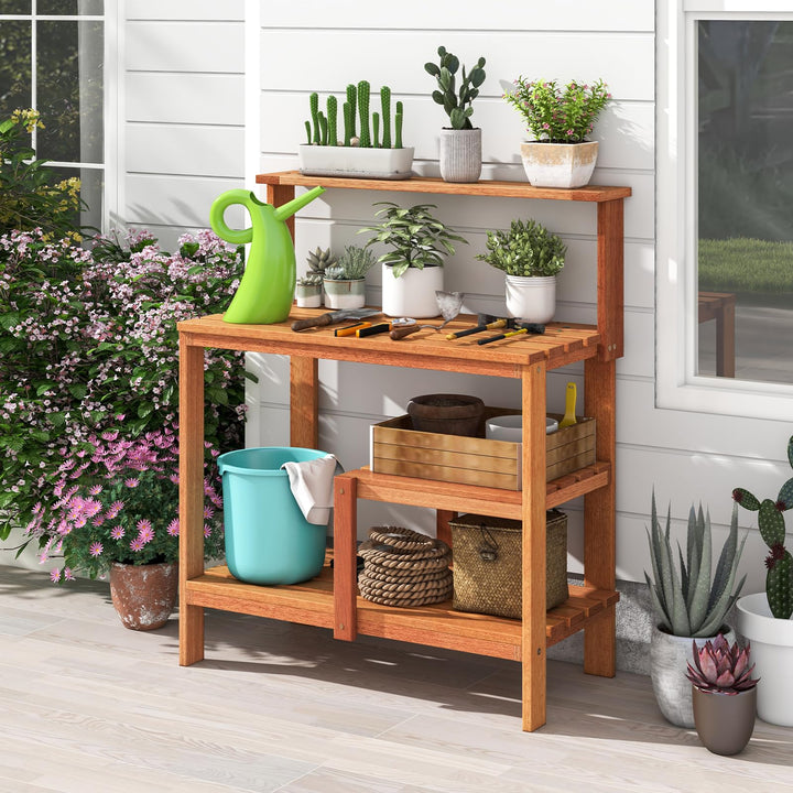 Giantex 4-Tier Potting Bench, Solid Wood Gardening Workstation w/Open Storage Shelves