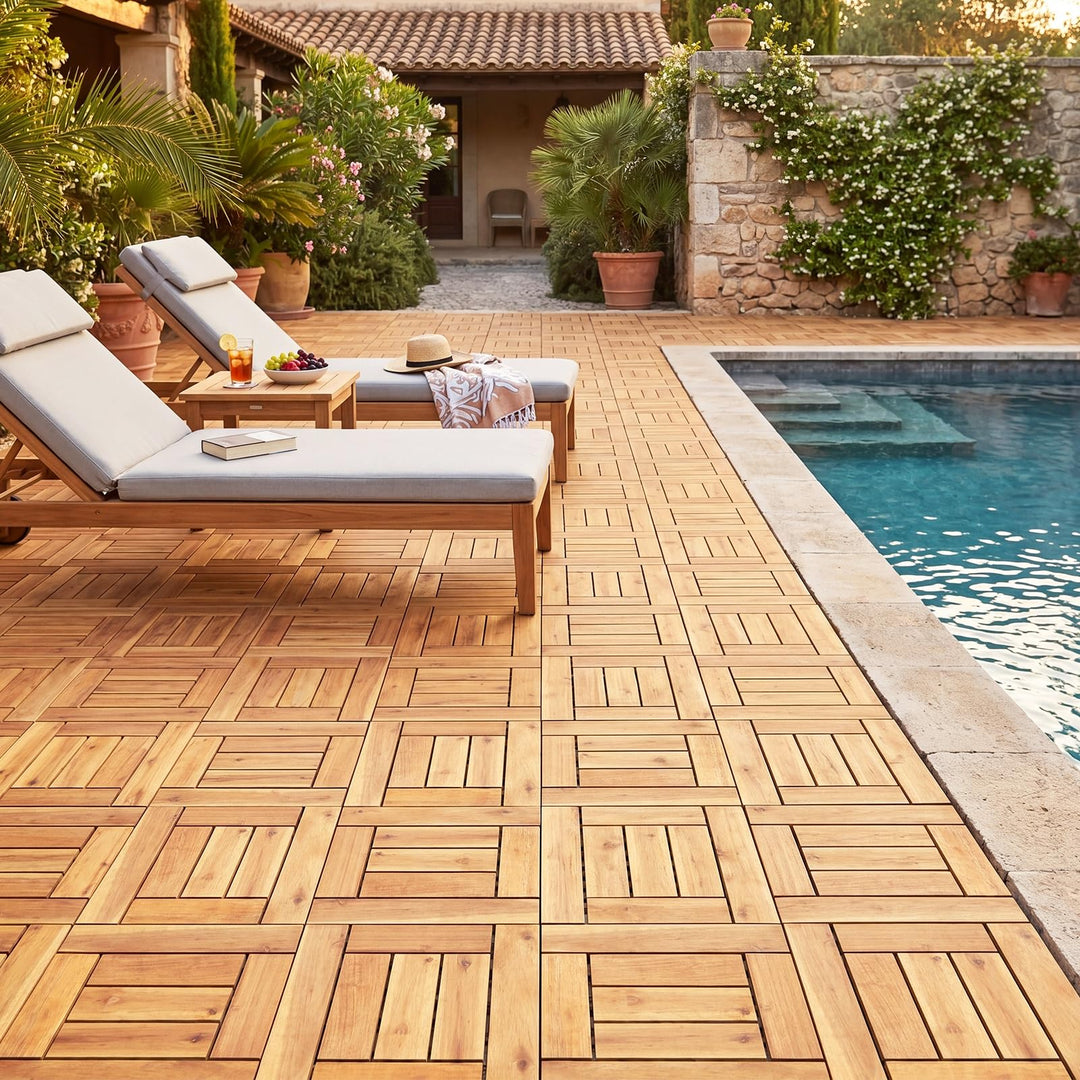 Giantex 12" x 12" Acacia Wood Interlocking Patio Flooring Tiles with Drainage Base