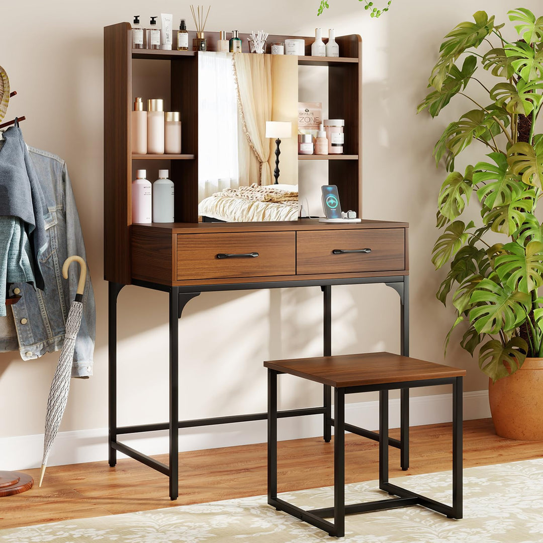 CHARMAID Vanity Desk with Charging Station Mirror Cabinet with Hidden Storage