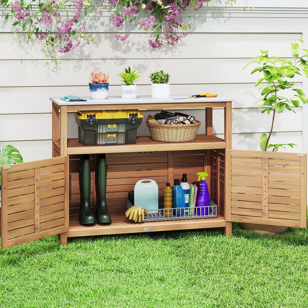 Giantex Outdoor Potting Bench Acacia Wood Large Planting Workstation with 2-Door Storage Cabinet