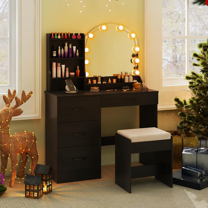 Vanity Desk with Lights - Makeup Vanity Table with Charging Station, 4 Drawers, 3 Storage Shelves