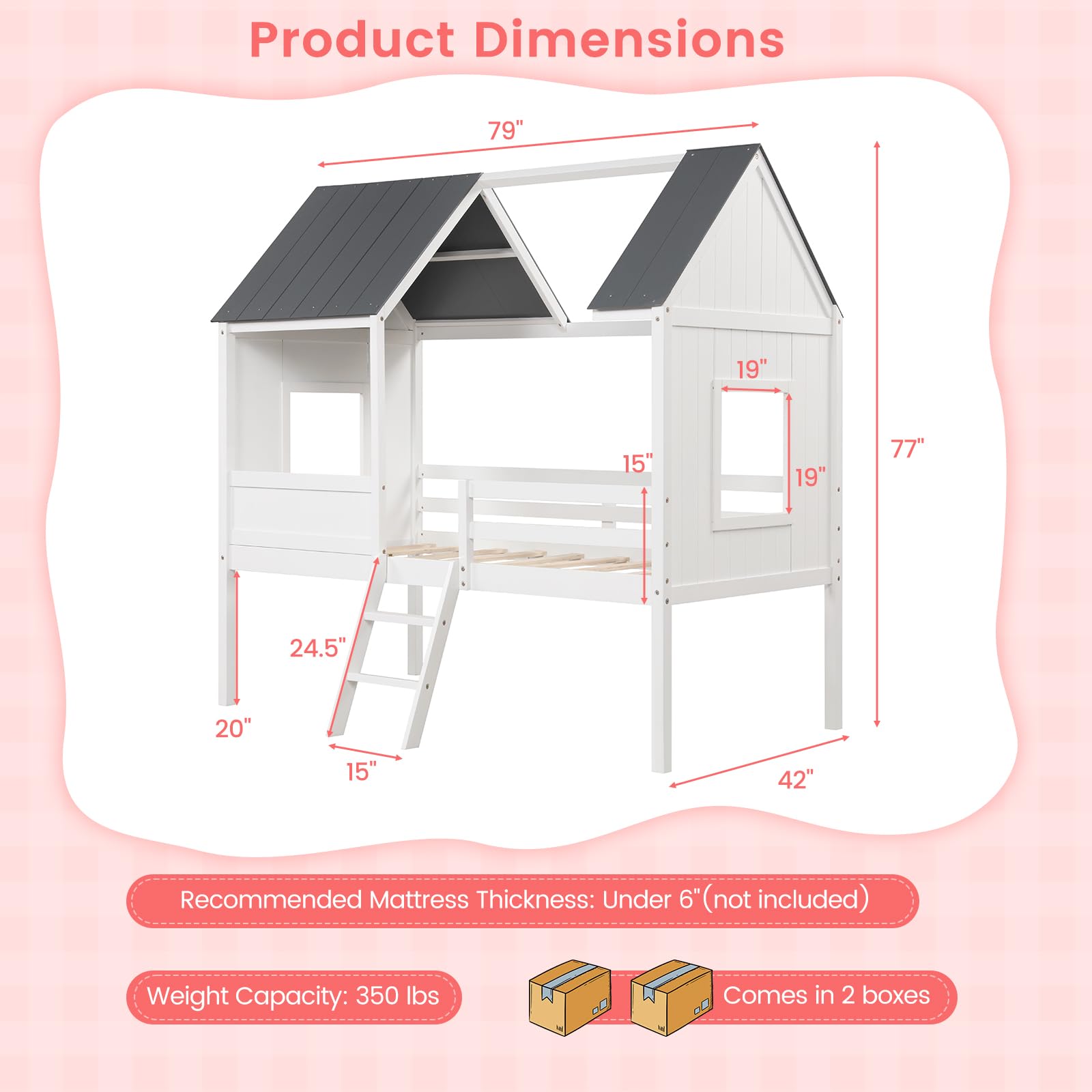 Giantex Twin House Bed Frame, Kids Low Loft Bed Frame with Roof