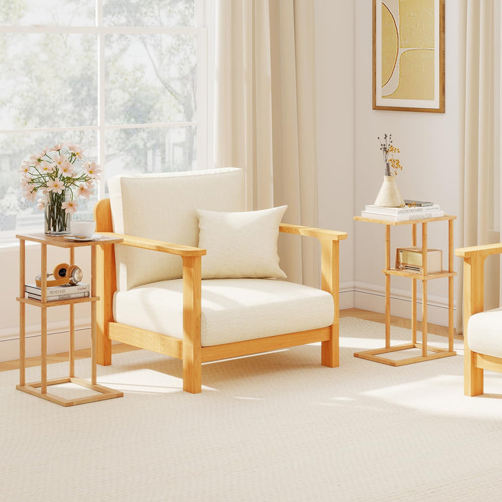 Giantex Side Table Set of 2 with Storage Shelves and Bamboo Construction