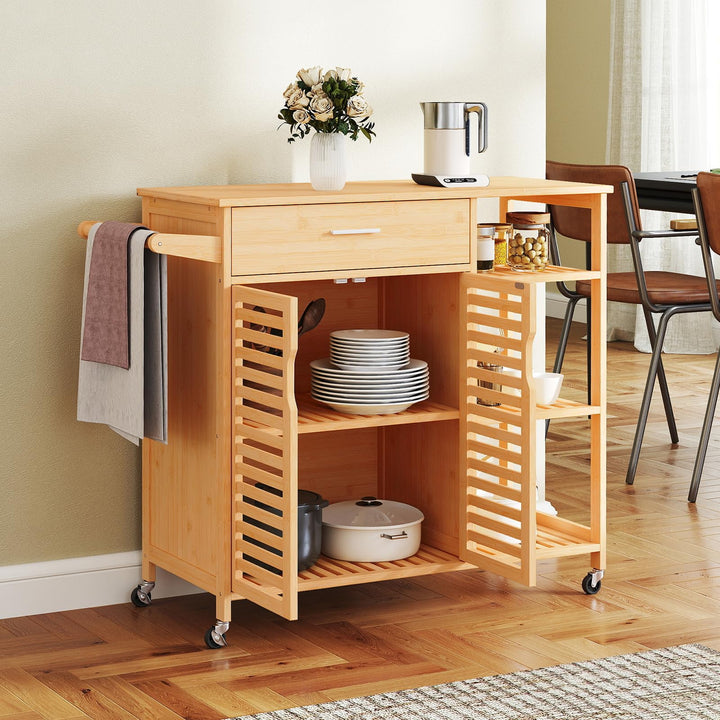Giantex Bamboo Kitchen Island Cart with Drawer and Storage Cabinet