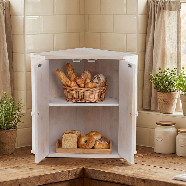 Giantex Corner Bread Box for Kitchen Countertop | Bamboo Wood Storage Bin with 2-Tier Pantry Shelves