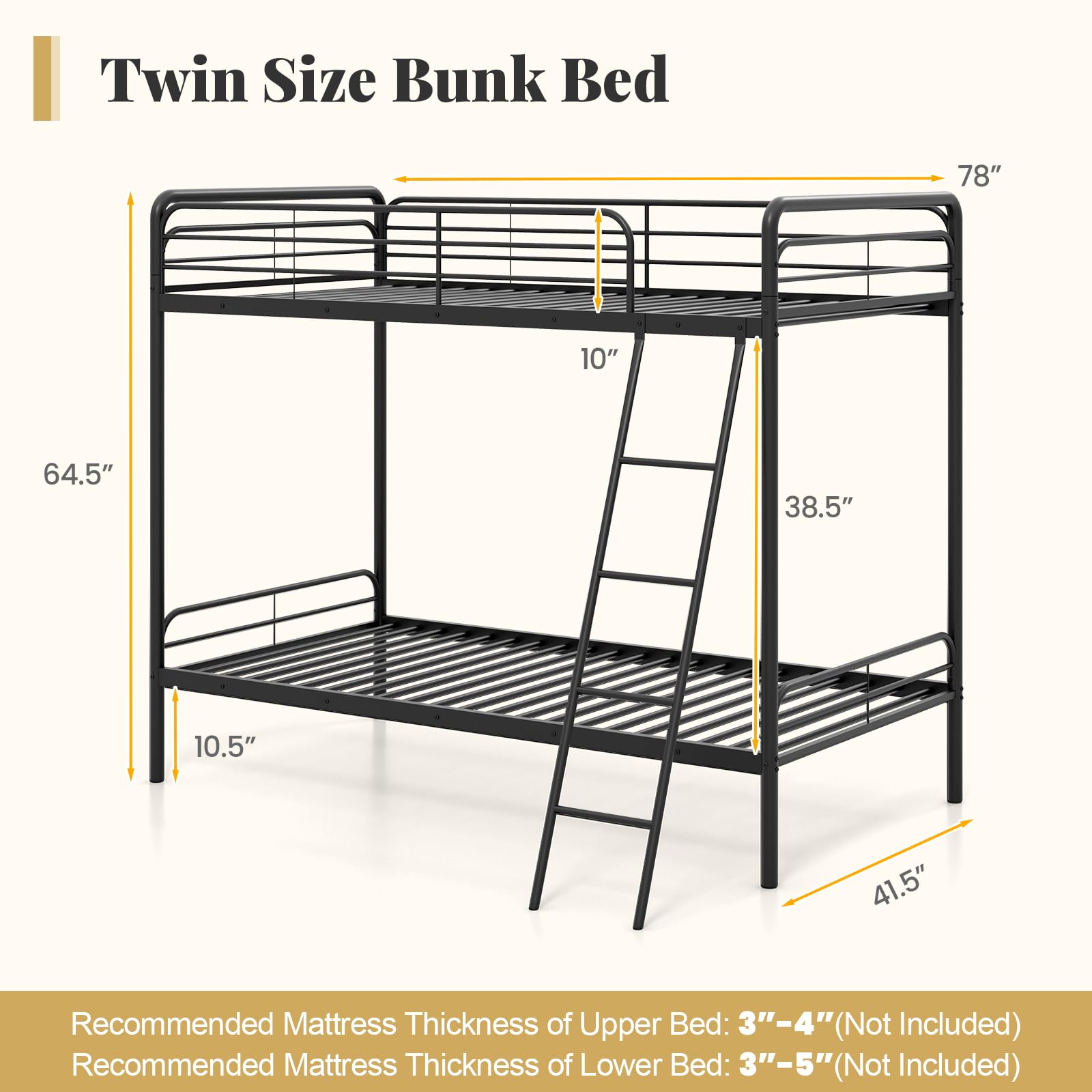 Giantex Metal Bunk Bed Twin Over Twin, Heavy Duty Twin Bunk Beds with Inclined Ladder & Safety Guardrails