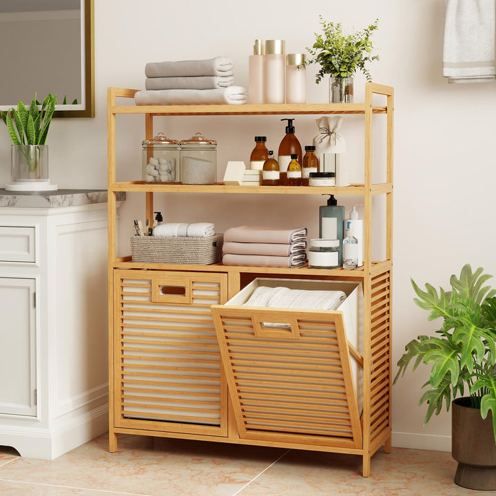 Giantex Double Tilt Out 14 Gal Bamboo Laundry Hamper with 3-Tier Storage Shelf