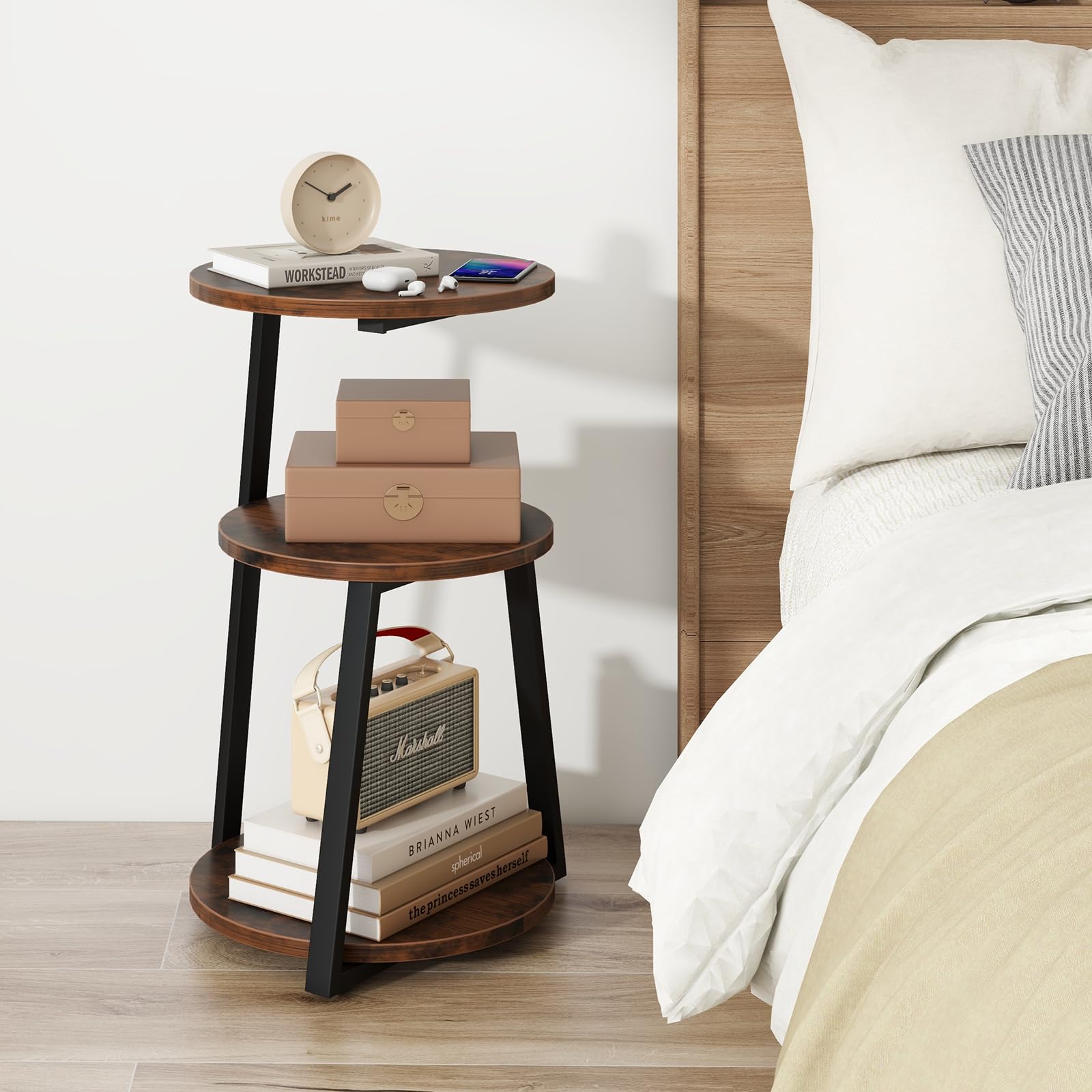 Giantex Round End Table, Industrial Side Table with Sturdy Metal Frame, Coffee Table, 3-Tier Bedside Table for Bedroom, Living Room