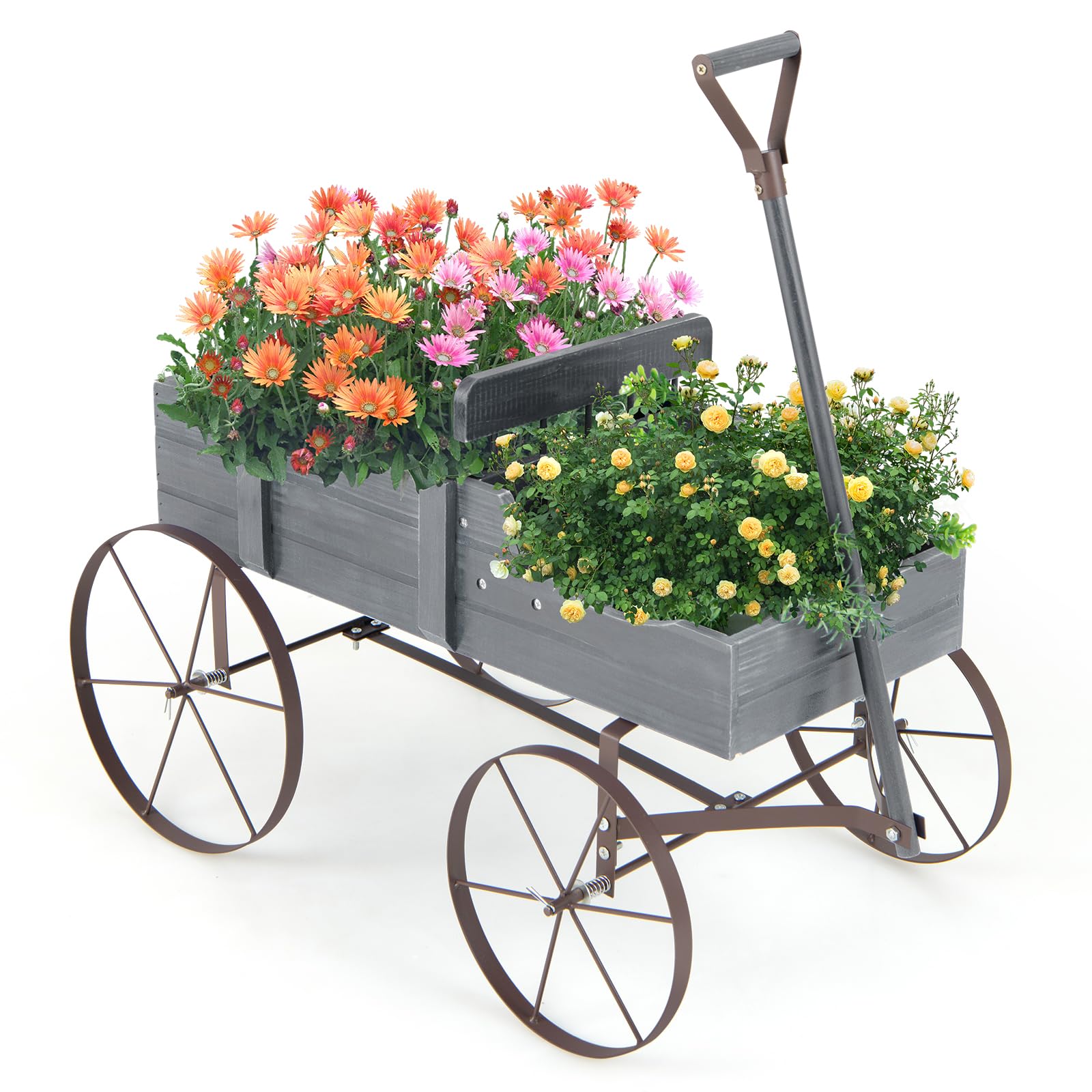 Giantex Decorative Garden Planter, Small Wagon Cart with Metal Wheels, Wood Raised Beds Plant Pot Stand for Backyard Garden Patio 24.5"x13.5"x24"