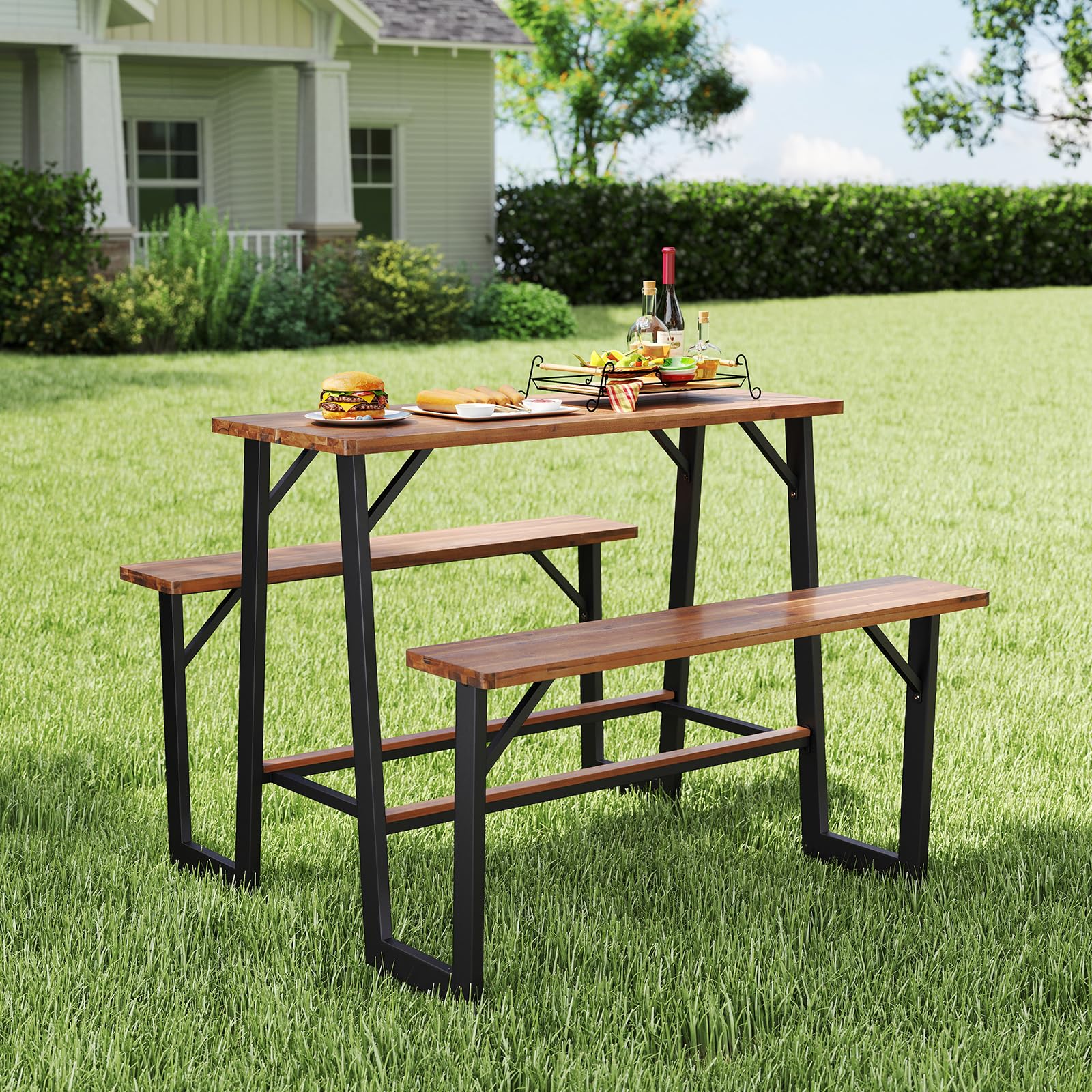 Giantex 4.5FT Picnic Table Bench Set for 4 Acacia Wood Outdoor Giantex 4.5FT Picnic Table Bench Set for 4 Acacia Wood Outdoor