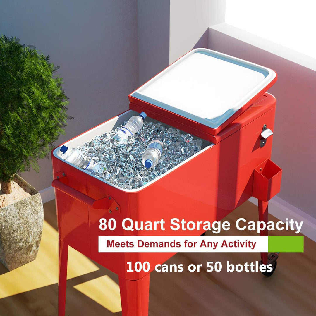 80 Quart Cooler Cart Outdoor Cooler Cart ,Portable Cooler with Casters,Red Metal