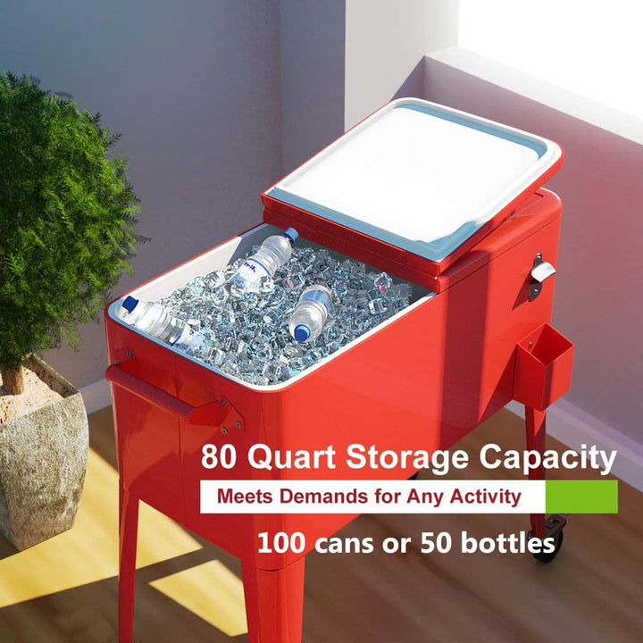 80 Quart Cooler Cart Outdoor Cooler Cart ,Portable Cooler with Casters,Red Metal