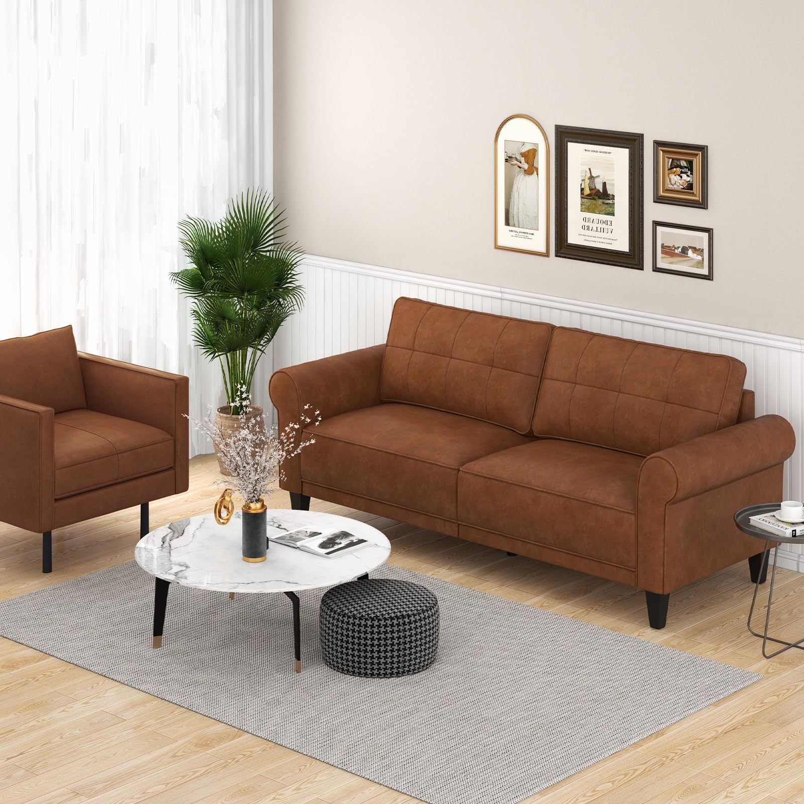 Giantex Sofa Couch, 81.5'' Upholstered 3-Seater Sofa Couch with Faux Leather (Brown)