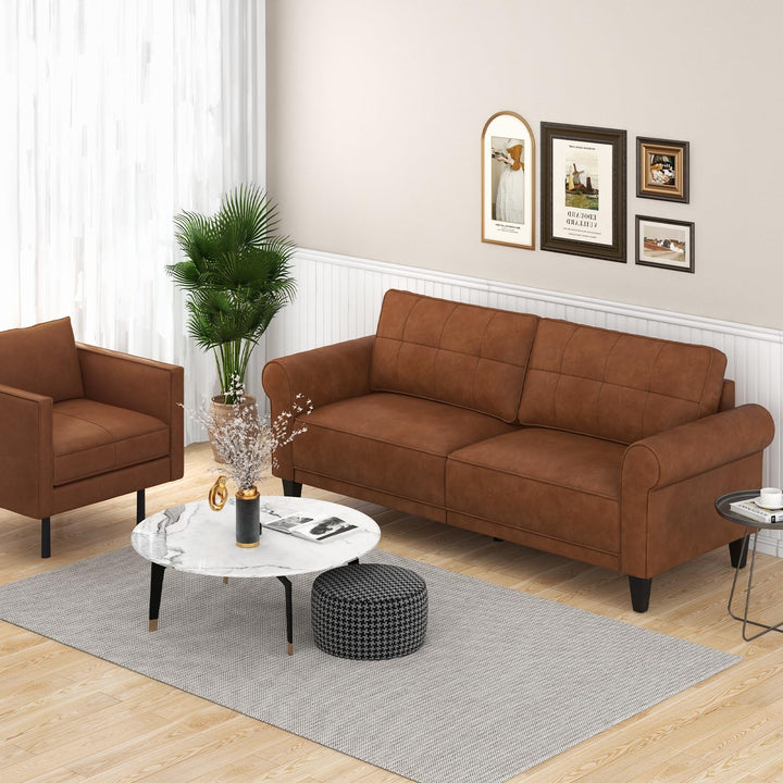 Giantex Sofa Couch, 81.5'' Upholstered 3-Seater Sofa Couch with Faux Leather (Brown)