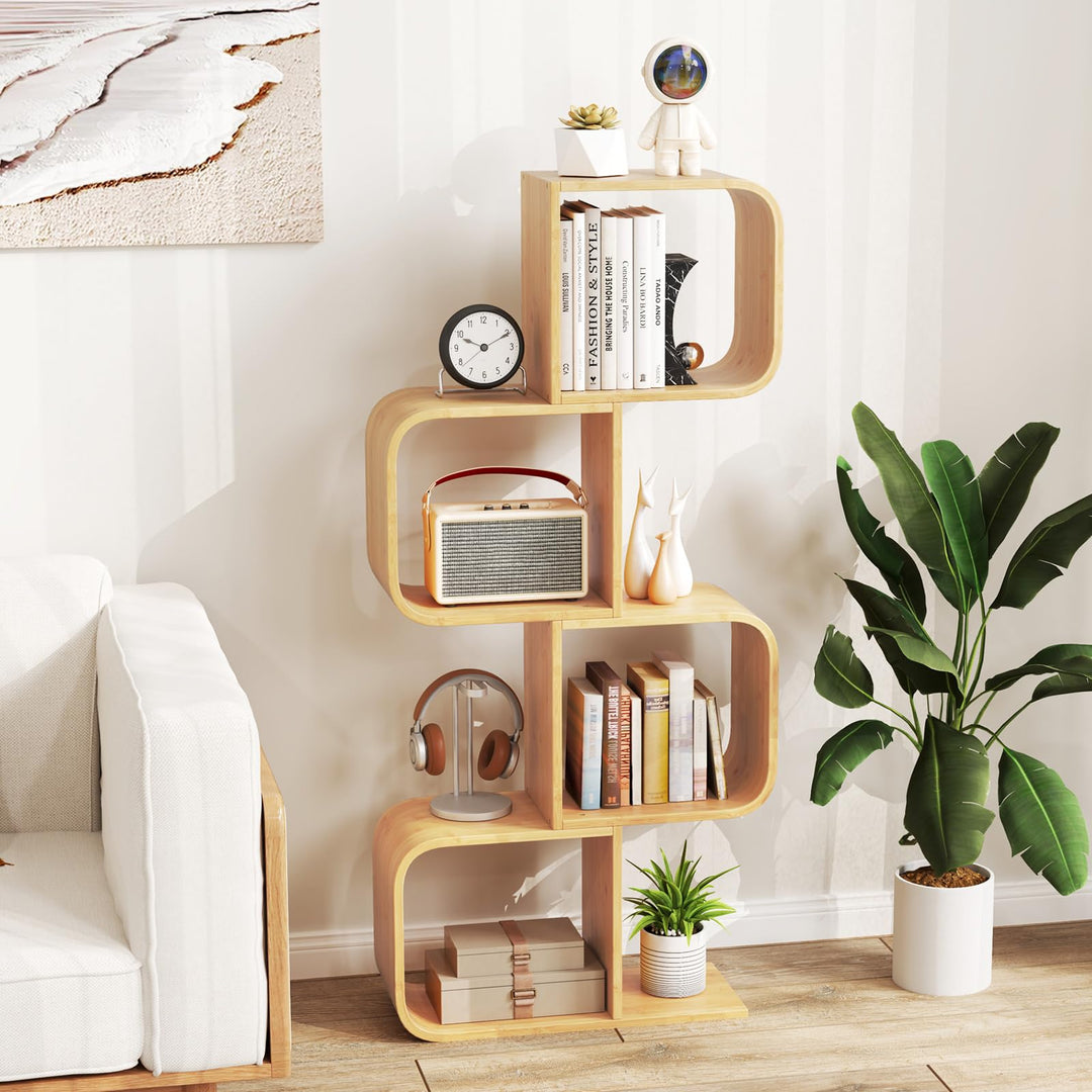 Giantex 4-Tier S-Shaped Bamboo Bookshelf with 4 Open Cubes