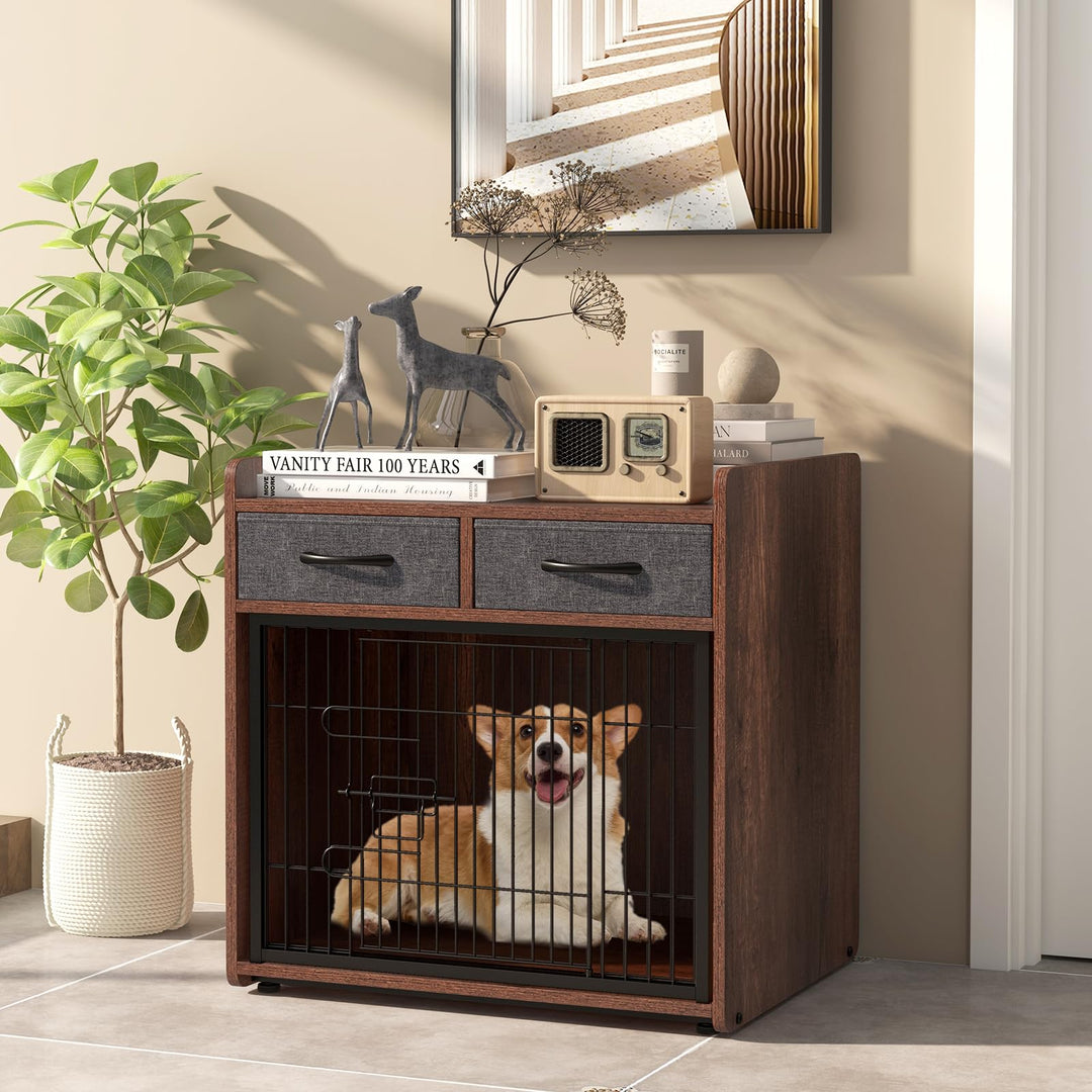 Giantex Dog Crate Furniture - Wooden Dog Cage End Table with 2 Storage Drawers