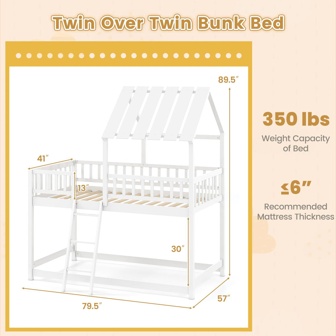 Twin Over Twin House Bunk Bed, Low Loft Bed Frame with Roof