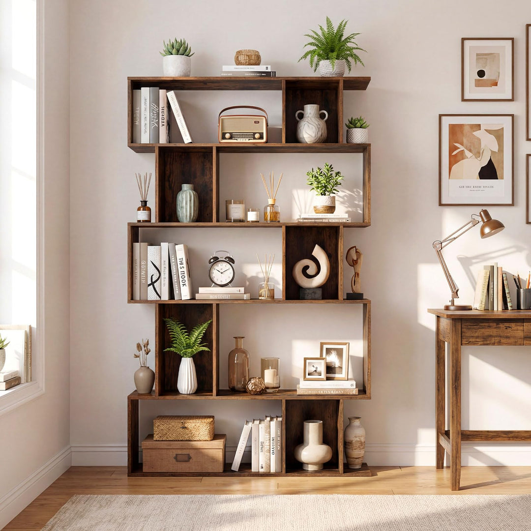 Giantex Geometric Bookshelf 5-Tier Bookcase with Open Shelves and Closed-back Cubes