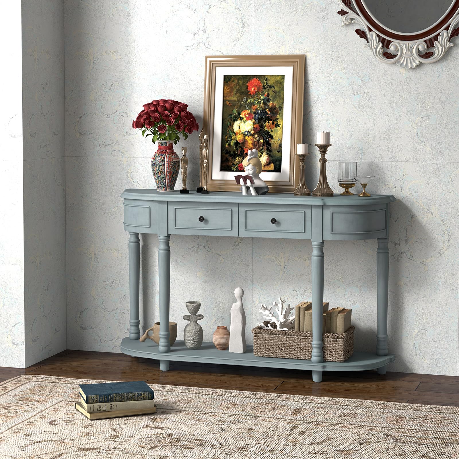 Giantex Console Table with Storage, 52” Long Sofa Table with 2 Drawers, Open Shelf, Solid Wood Legs