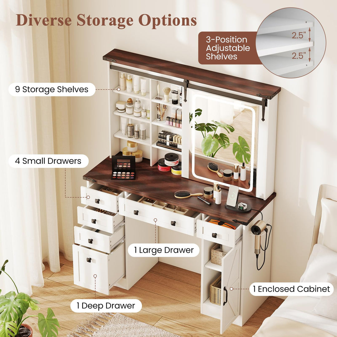 CHARMAID Farmhouse Vanity Table with Barn-Style Sliding Lighted Mirror 45 in Makeup Vanity Desk with Charging Station