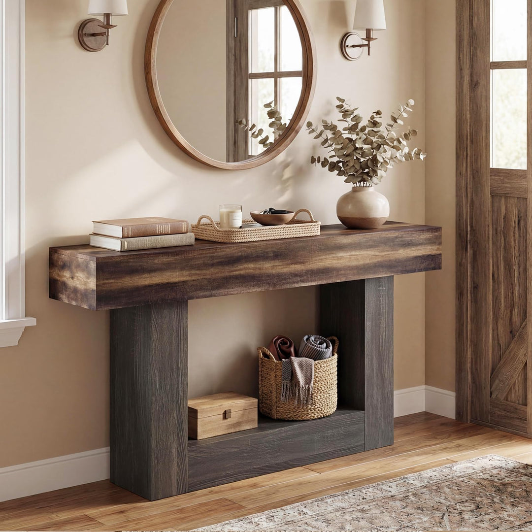 Giantex 63" Farmhouse Console Table | 2-Tier Narrow Entryway Table with Storage Shelf