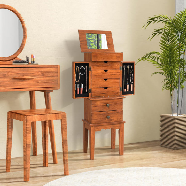 CHARMAID Jewelry Cabinet with 6 Drawers, Standing Jewelry Armoire with Flip Top Mirror, 2 Side Doors with 6 Necklace Hooks