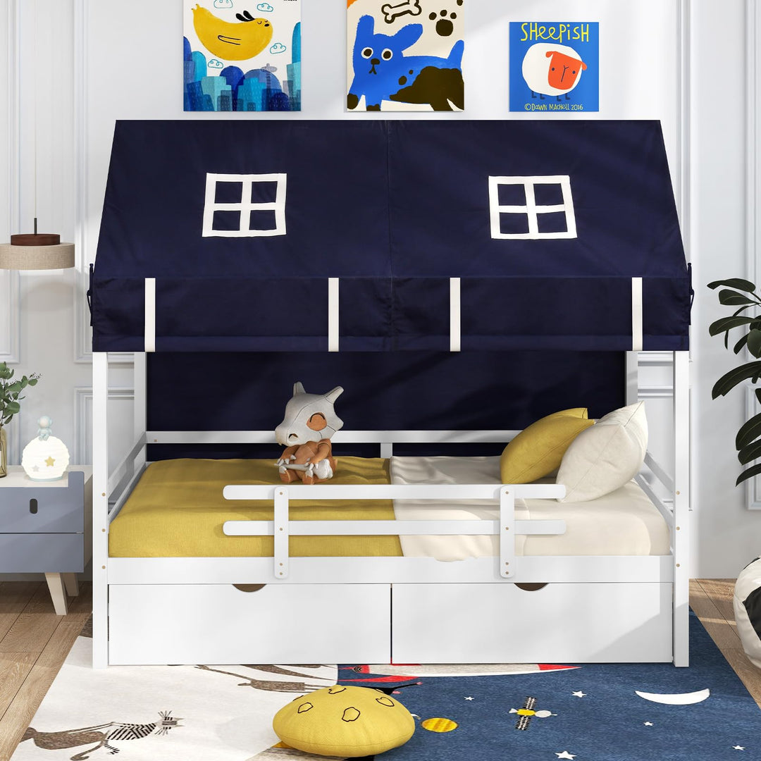 Giantex Twin House Bed with Tent, Wood Kids Bed with 2 Storage Drawers, Solid Wood Daybed Frame with Rails and Roof
