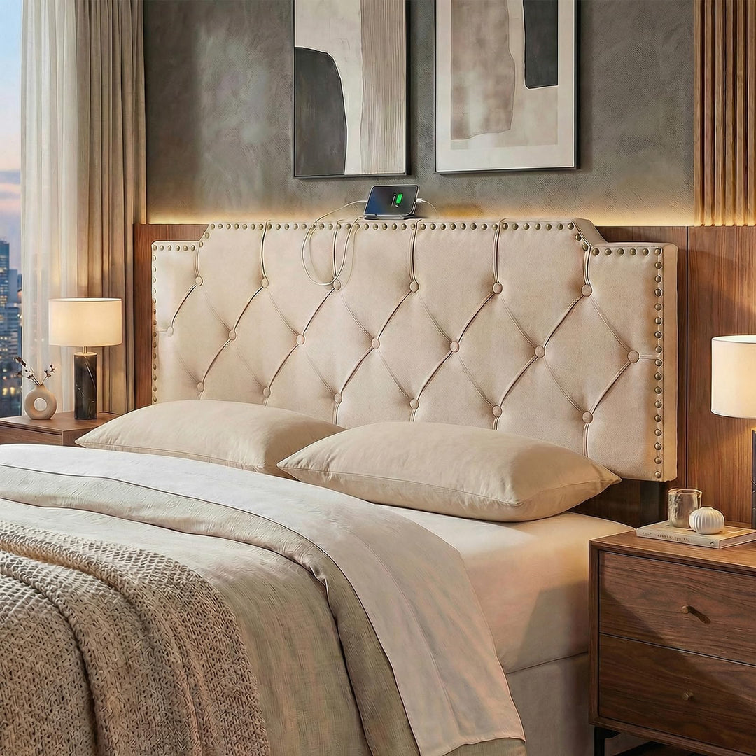 Giantex Headboard for Queen and Full Size Bed | Rivet Tufted Upholstered Head Board w/ 2 AC Outlets