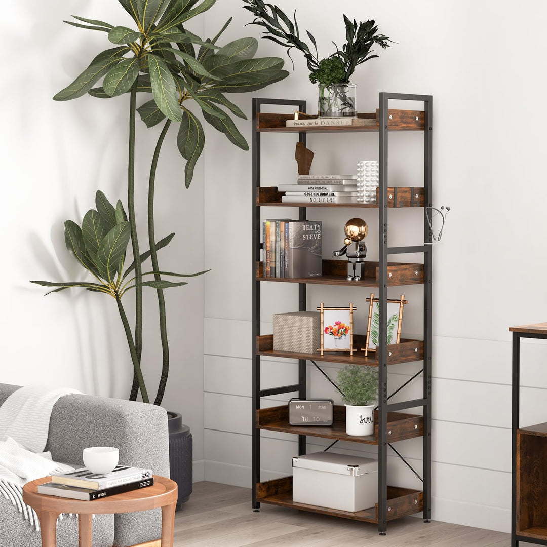 Giantex Industrial 6-Tier Bookshelf, 70" Tall Freestanding Storage Display Shelf with 4 Hooks