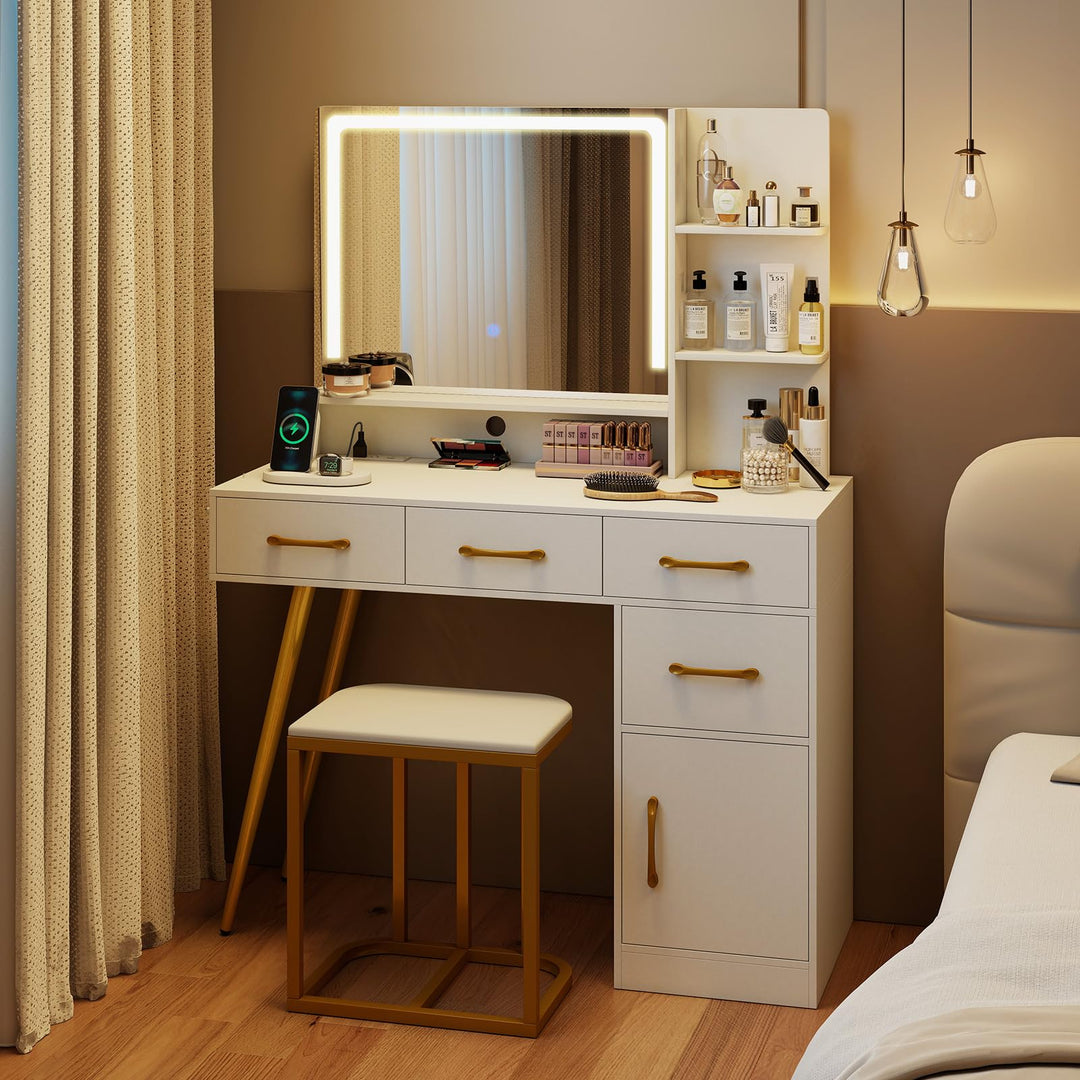 Vanity Desk with LED Mirror and Lights for Bedroom