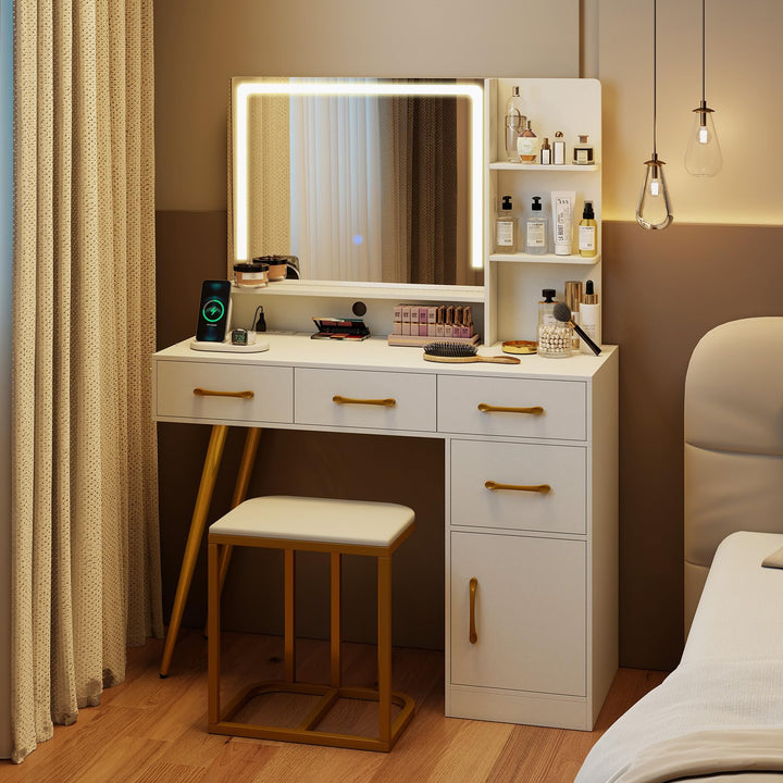 Vanity Desk with LED Mirror and Lights for Bedroom