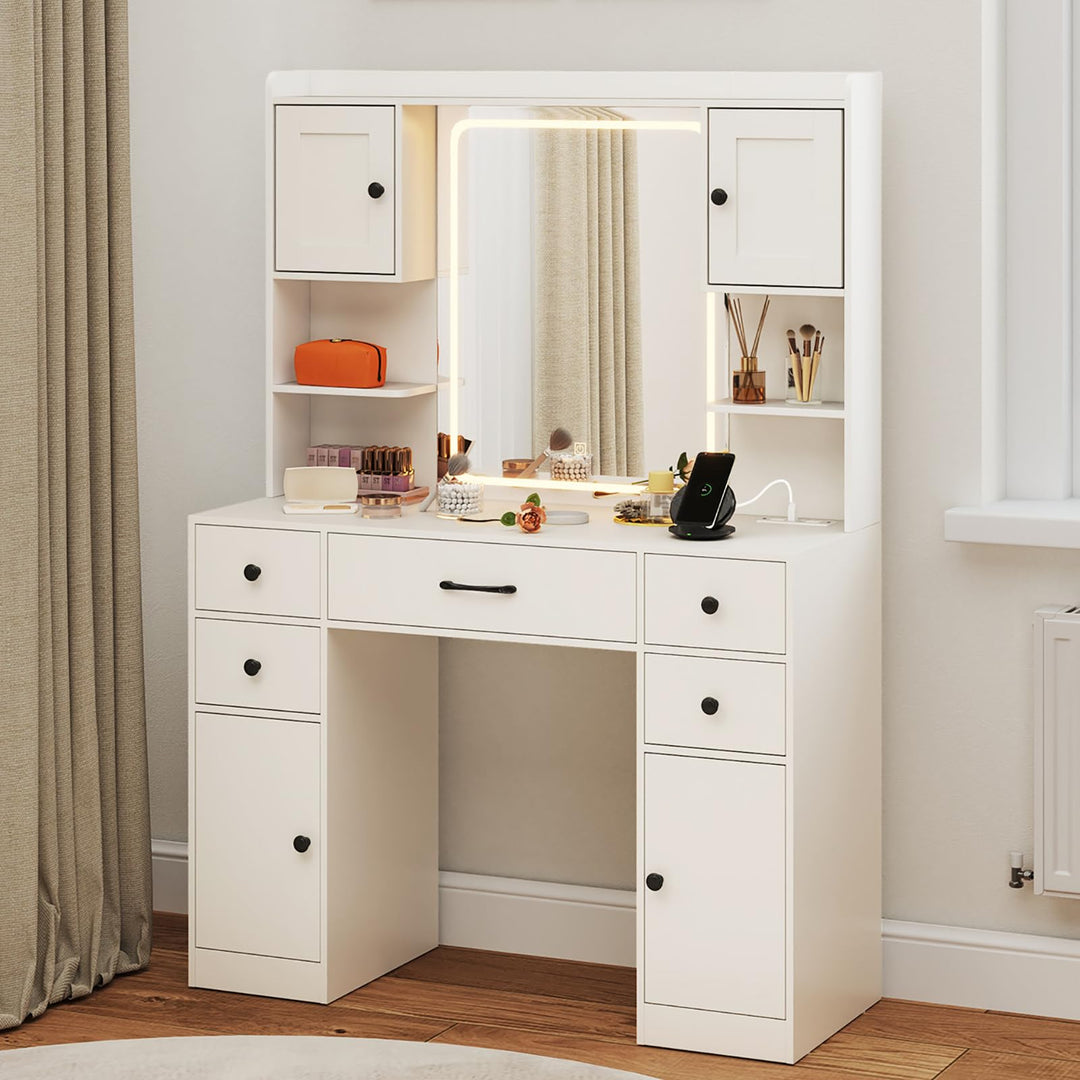 CHARMAID Vanity Desk with Mirror and Lights, White Makeup Vanity Desk with 5 Drawers