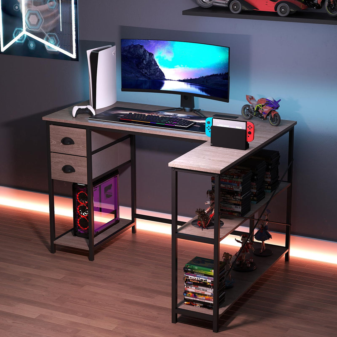 Giantex 48" L Shaped Desk with Charging Station &amp; 2 Fabric Drawers