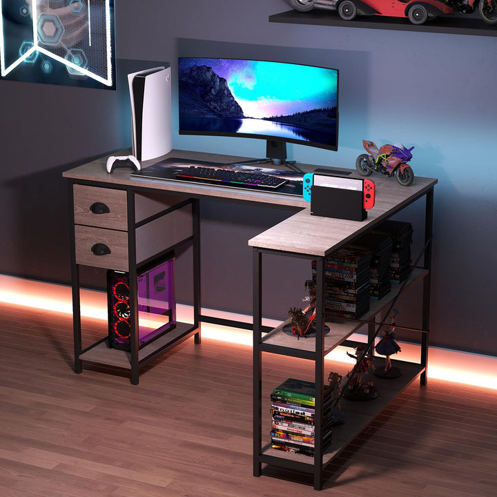 Giantex 48" L Shaped Desk with Charging Station &amp; 2 Fabric Drawers