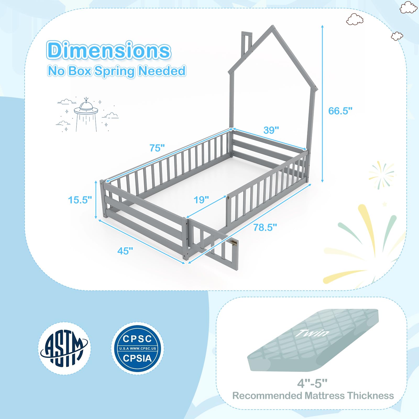 Giantex Twin Floor Bed, House-Shaped Montessori Bed Frame with Headboard, Full-Length Guardrail
