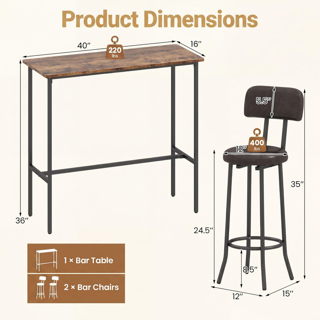 Giantex 3-Piece Bar Table and Chairs Set | Counter Height Pub Table and 2 Upholstered Stools