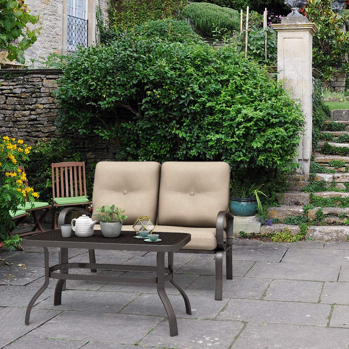 2 Pcs Patio Loveseat with Coffee Table Outdoor Bench with Cushion and Metal Frame