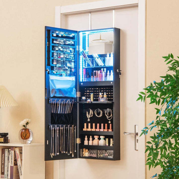 CHARMAID Mirror Jewelry Cabinet, Wall Mounted Door Hanging, Lockable Jewelry Armoire with Full Length Mirror