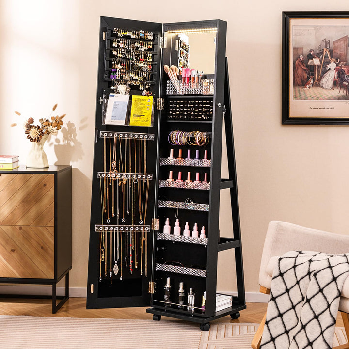 CHARMAID Jewelry Cabinet Armoire with Wheels, 64" Full Length Mirror with Jewelry Storage
