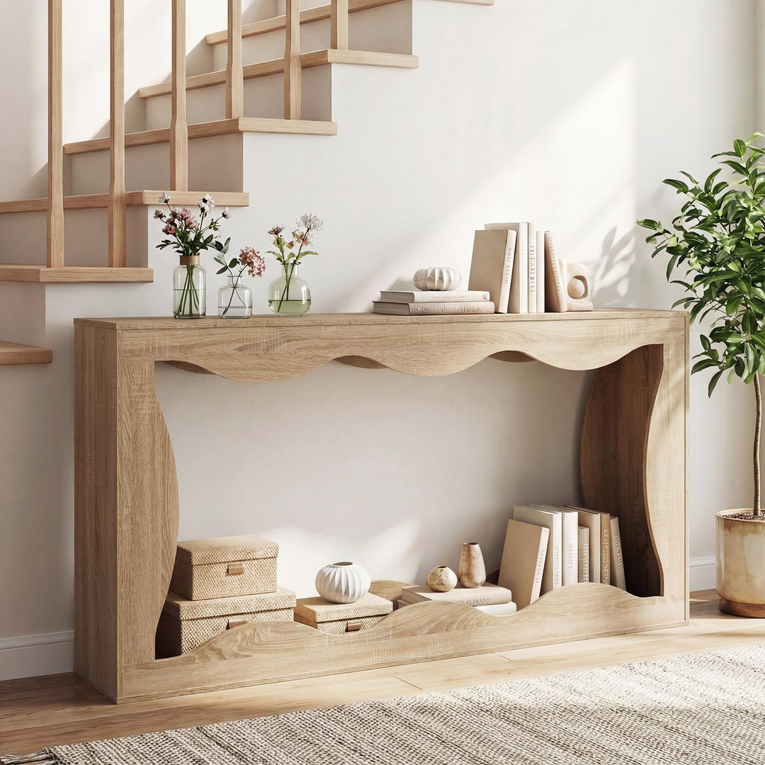 Giantex 63" Farmhouse Console Table | 2-Tier Wavy Entryway Table with Built-in Storage Space