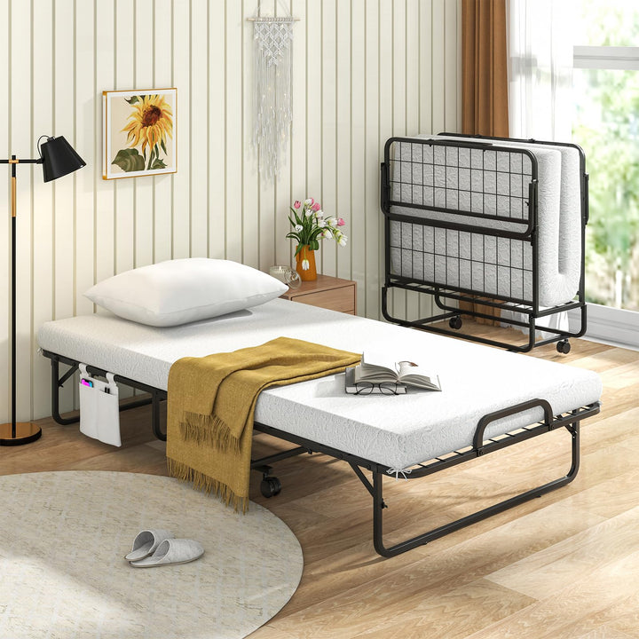 Giantex Folding Bed with Mattress and Pillow, Twin Size Portable Guest Bed w/Metal Frame