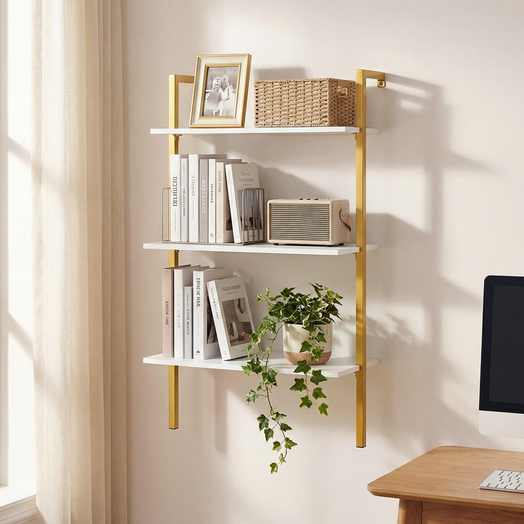 Giantex Ladder Shelf | 3-Tier Wood Wall Mounted Bookshelf with Metal Frame (1/2)