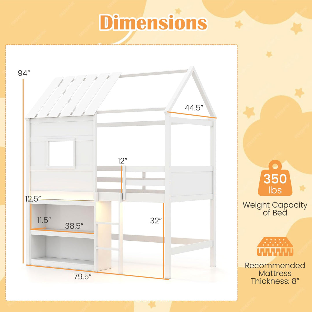 Giantex Twin Size Loft Bed with LED Lights Roof Window and Storage Bookshelf