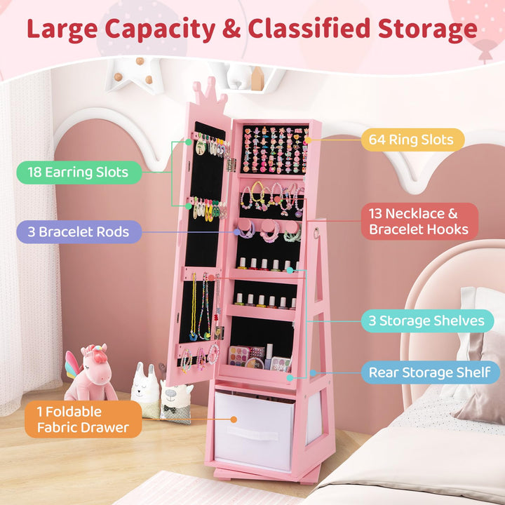 CHARMAID 360° Swivel Kids Jewelry Cabinet, 47" Full Length Mirror with Jewelry Storage
