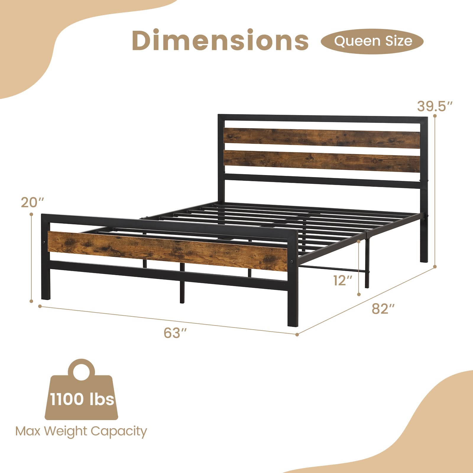 Giantex Queen Metal Platform Bed Frame with Wooden Headboard & Footboard, Rustic Brown