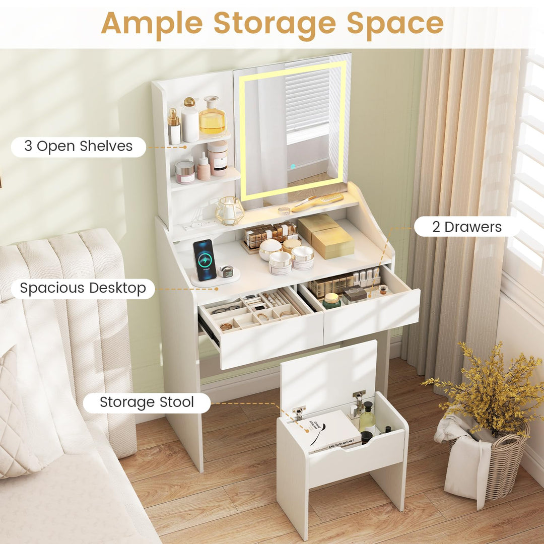 CHARMAID White Vanity Desk with LED Lighted Mirror