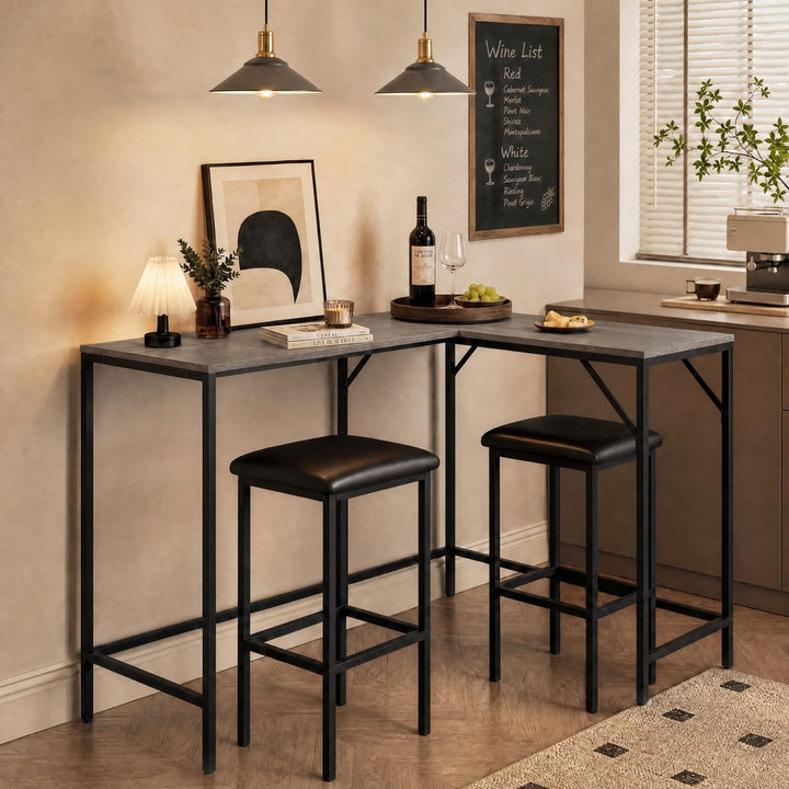 3-Piece Convertible L-Shaped Kitchen Table Chair Set with 2 AC Outlets  USB Port and Type-C Port