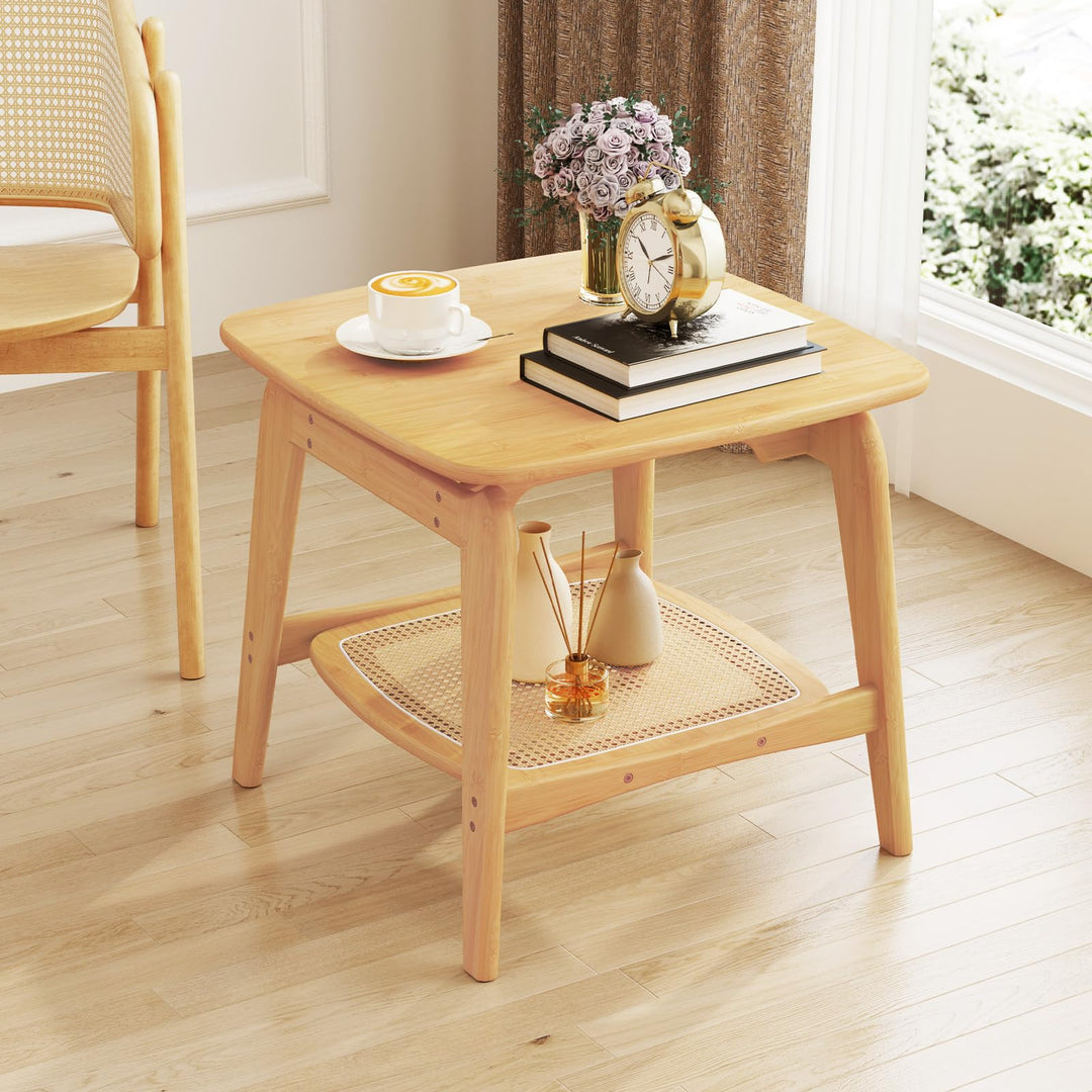 Giantex Rattan Side Table, Boho End Table with Storage Shelf, 2-Tier Bedside Table for Small Spaces